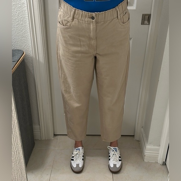 H&M Paperbag Waist Mom Jeans Barrel leg size 14 Khaki Denim - Picture 3 of 5